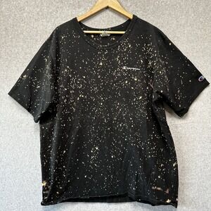 Vintage Champion Embroidered Black Bleach‎ Spatter T-Shirt Mens Size XXL EUC